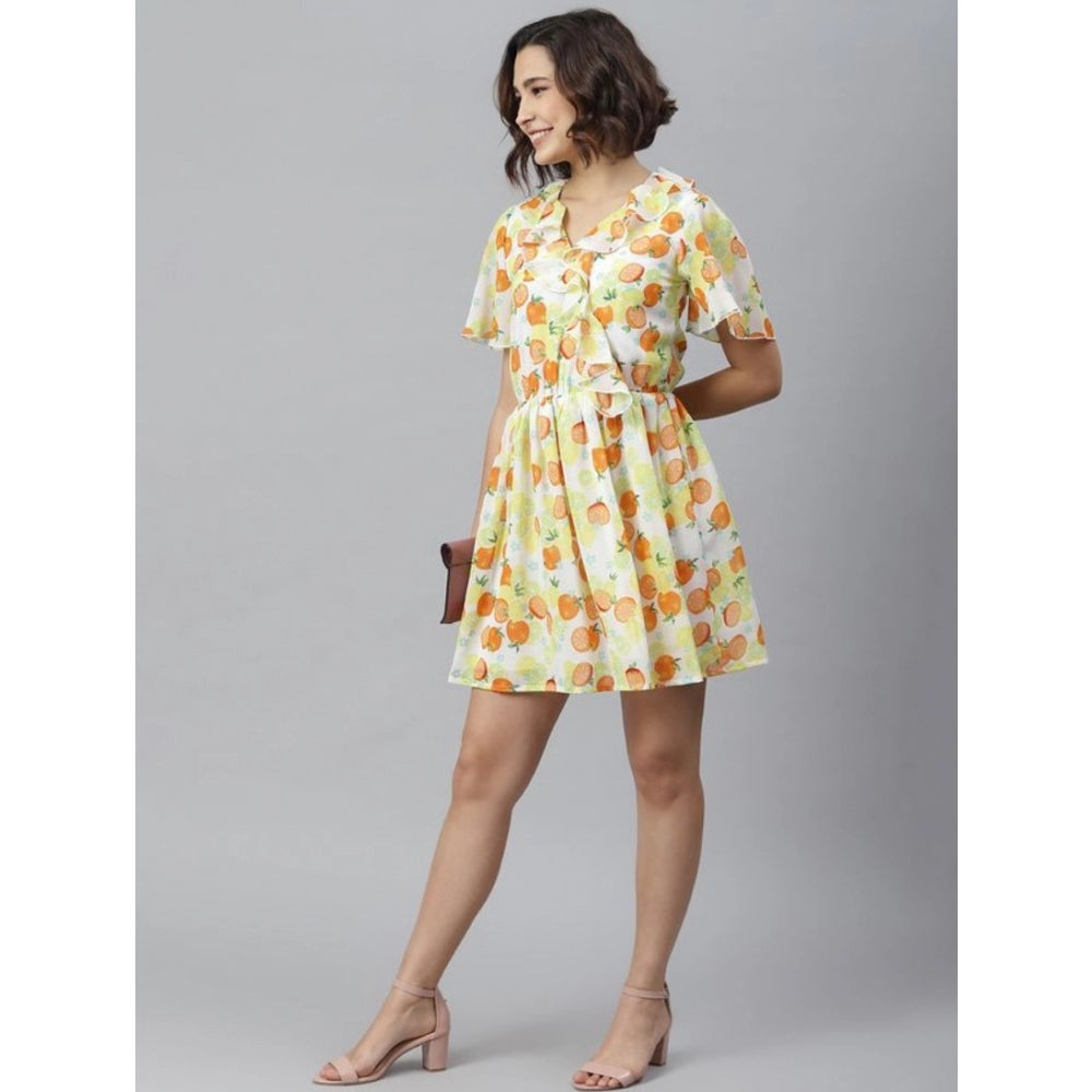 Seduva Women's Polyester Printed Flutter Above Knee Dress (Yellow - Orange)