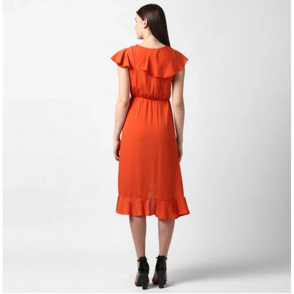 Seduva Women's Polyester Ruffled Cap Sleeve Knee-Length Dress (Orange)