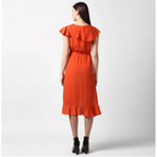 Seduva Women's Polyester Ruffled Cap Sleeve Knee-Length Dress (Orange)