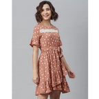 Seduva Women's Polyester Polka Bell Sleeve Above Knee Dress (Brown)