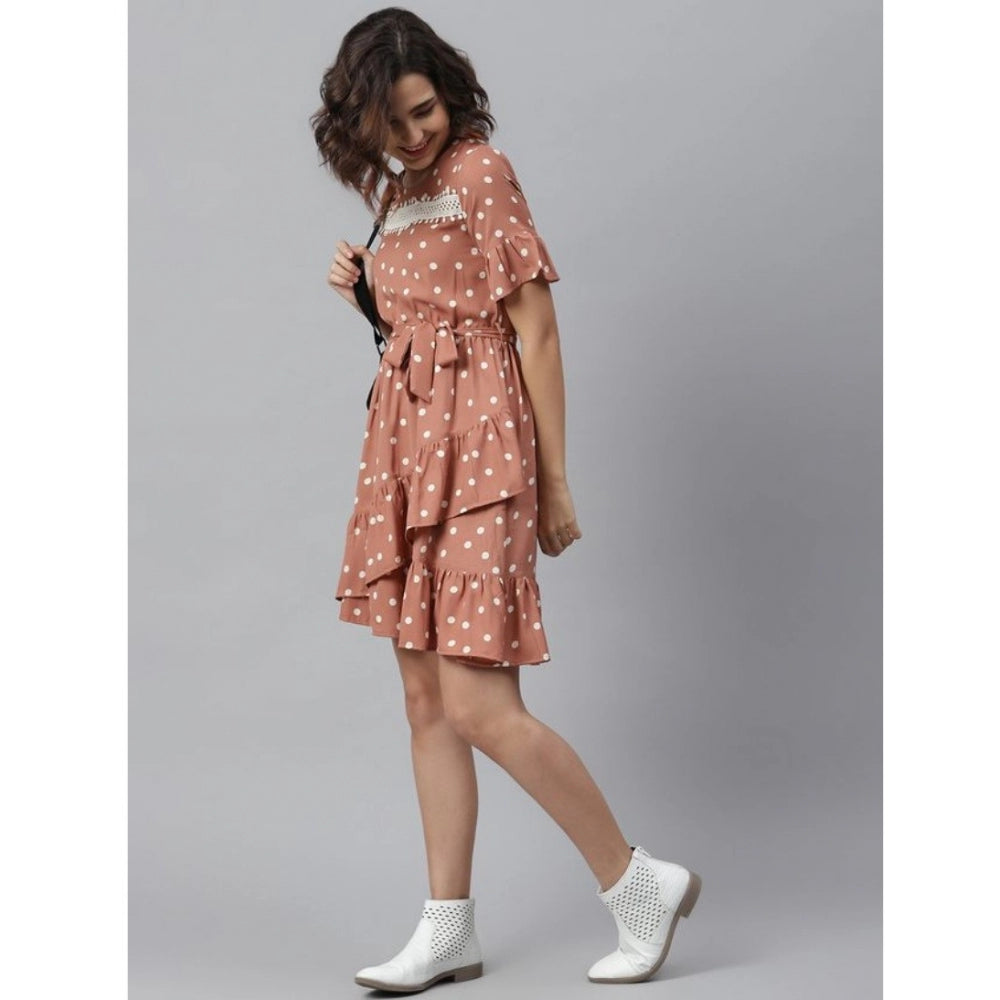 Seduva Women's Polyester Polka Bell Sleeve Above Knee Dress (Brown)