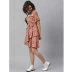 Seduva Women's Polyester Polka Bell Sleeve Above Knee Dress (Brown)