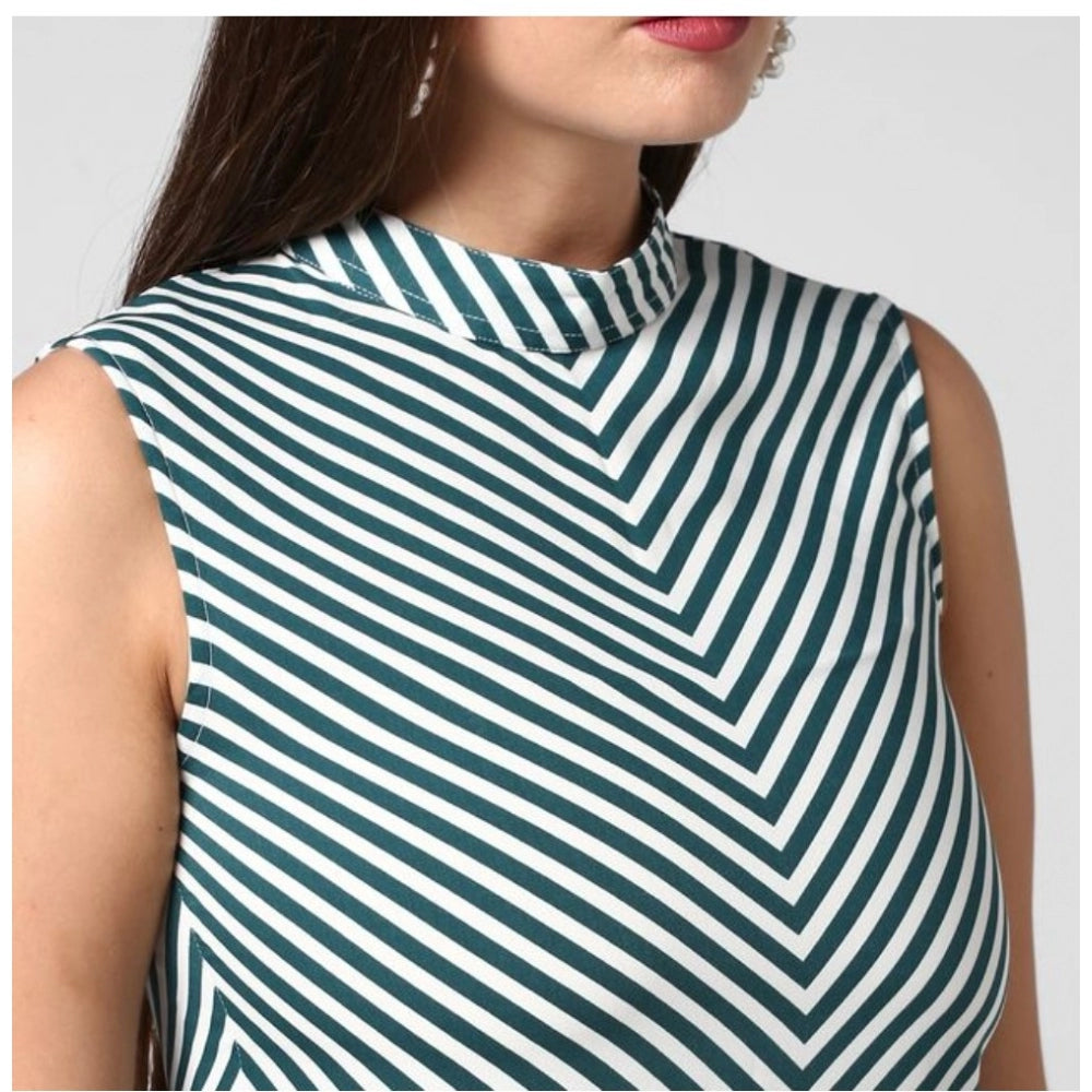 Seduva Women's Polyester Striped Sleeveless Above Knee Dress (Green)