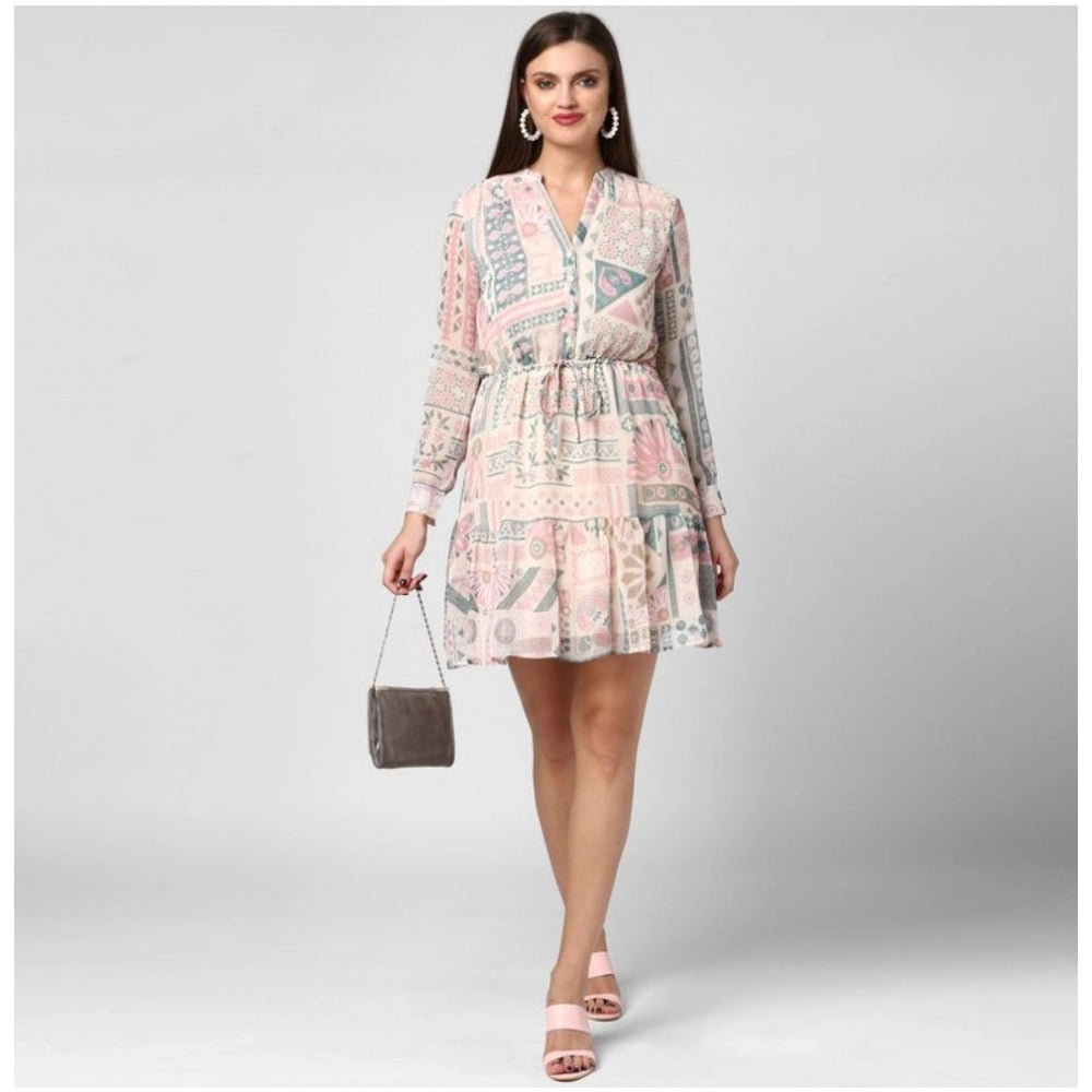 Seduva Women's Polyester Printed Long Sleeves Above Knee Dress (Light Pink - Off White)