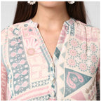 Seduva Women's Polyester Printed Long Sleeves Above Knee Dress (Light Pink - Off White)