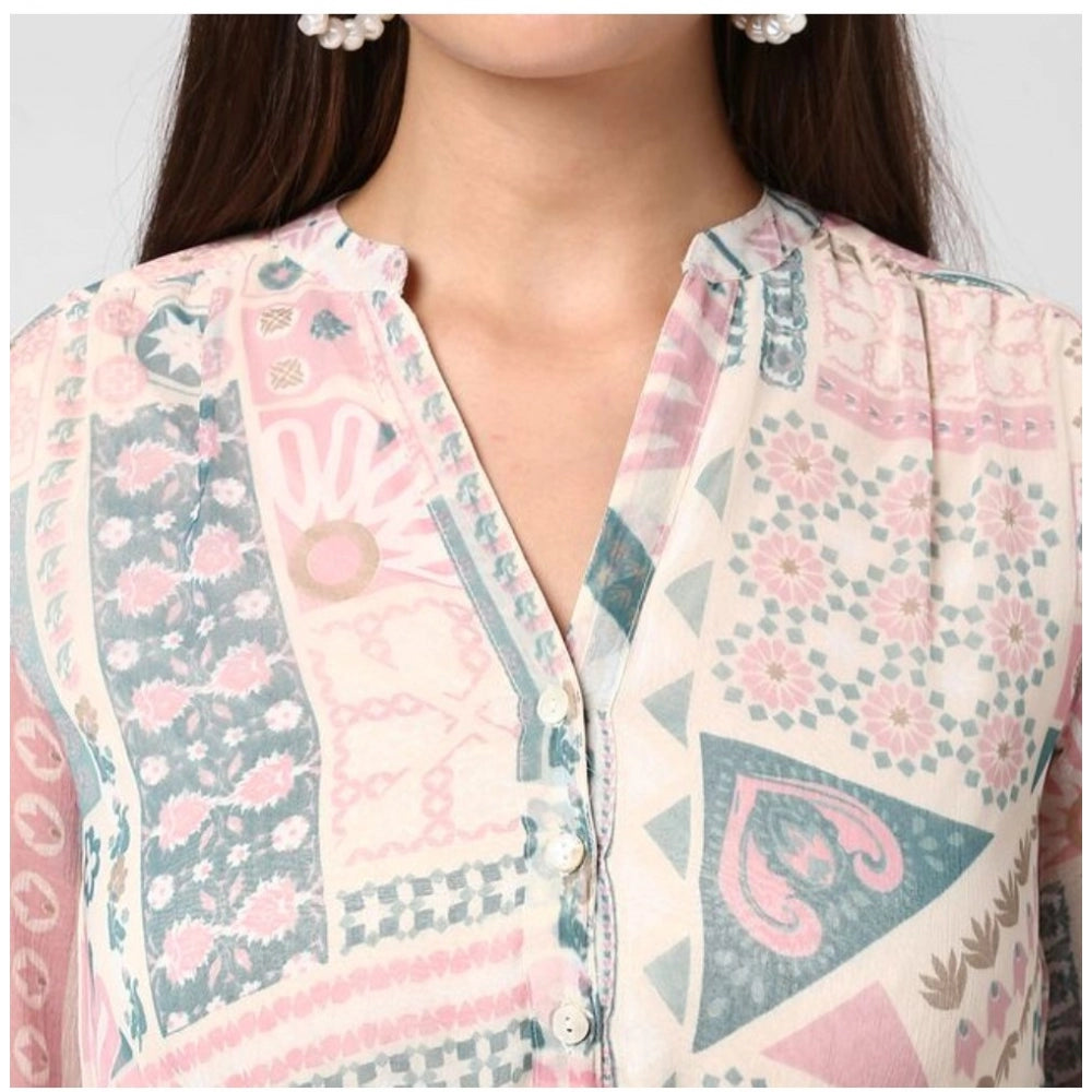 Seduva Women's Polyester Printed Long Sleeves Above Knee Dress (Light Pink - Off White)