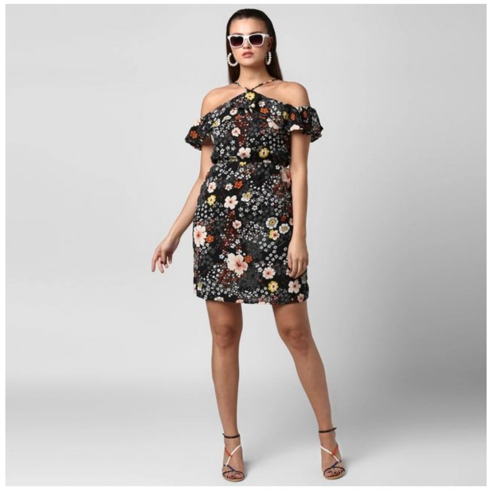 Seduva Women's Polyester Floral Cold Shoulder Above Knee Dress (Black)