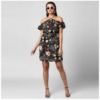 Seduva Women's Polyester Floral Cold Shoulder Above Knee Dress (Black)