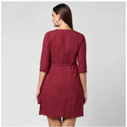 Seduva Women's Cotton Solid 3-4th Sleeves Above Knee Dress (Maroon)