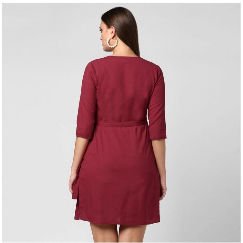 Seduva Women's Cotton Solid 3-4th Sleeves Above Knee Dress (Maroon)