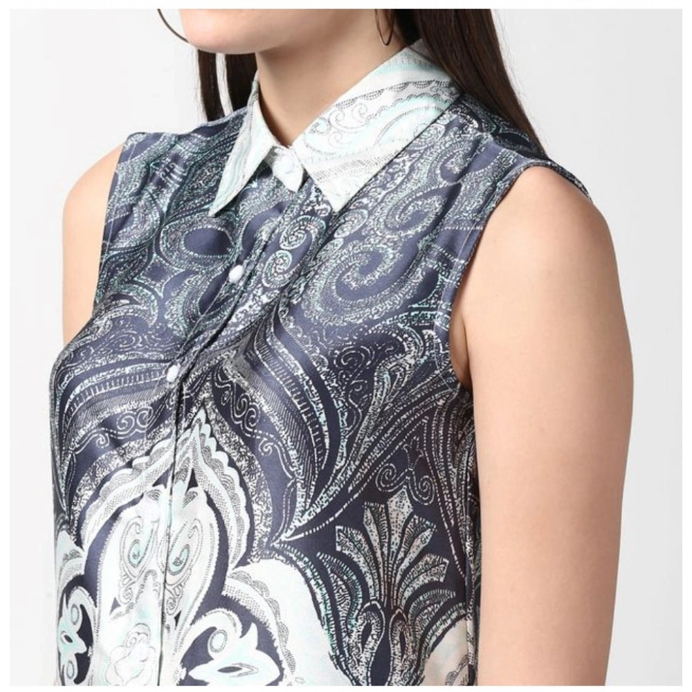 Seduva Women's Polyester Printed Sleeveless Above Knee Dress (Blue)