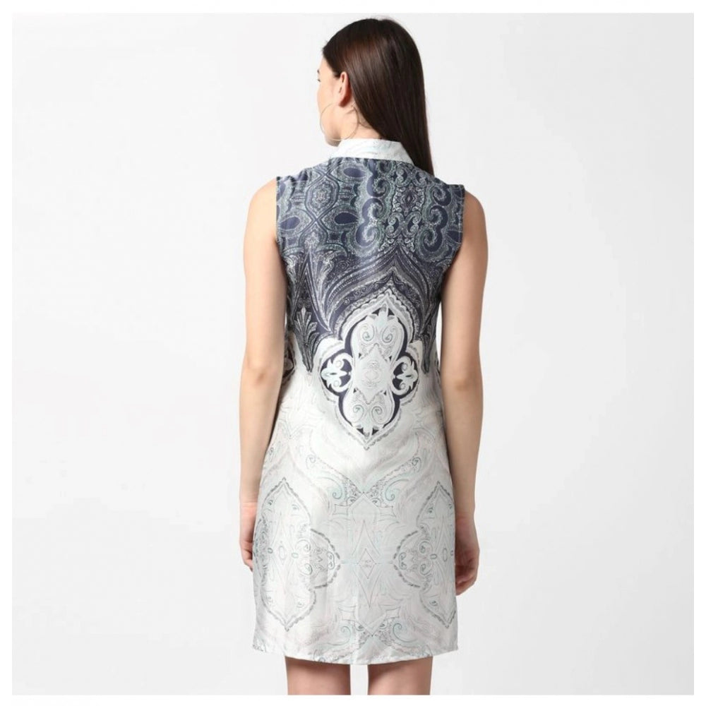 Seduva Women's Polyester Printed Sleeveless Above Knee Dress (Blue)