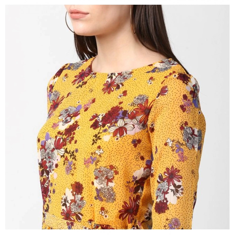 Seduva Women's Polyester Floral Long Sleeves Calf-length Dress (Yellow)