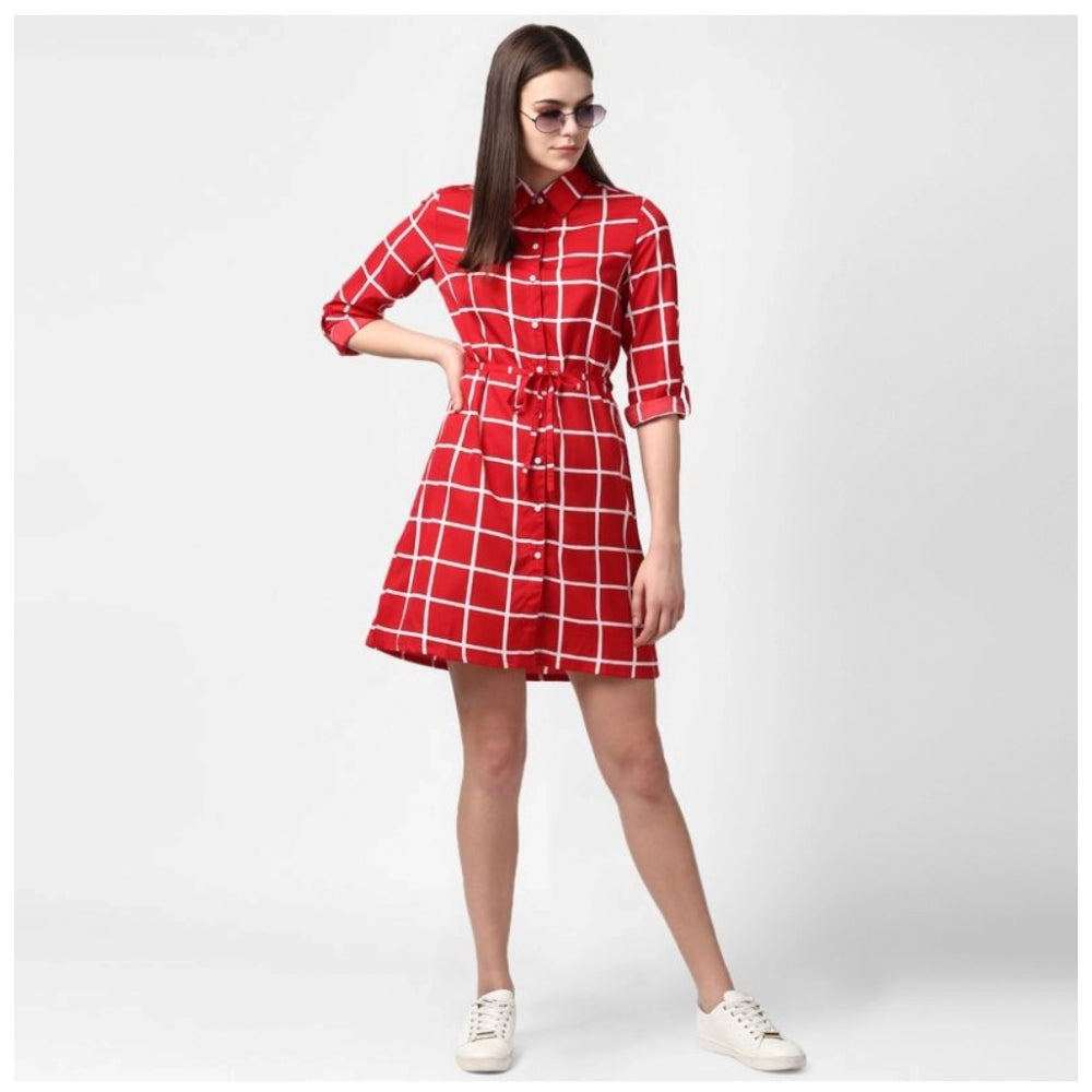 Seduva Women's Polyester Checkered Long Sleeves Above Knee Dress (Red)