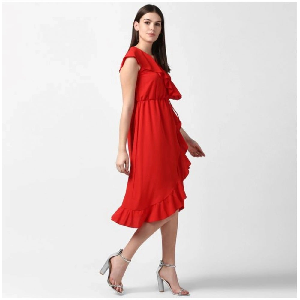 Seduva Women's Polyester Ruffled Cap Sleeve Knee-Length Dress (Red)