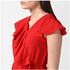 Seduva Women's Polyester Ruffled Cap Sleeve Knee-Length Dress (Red)