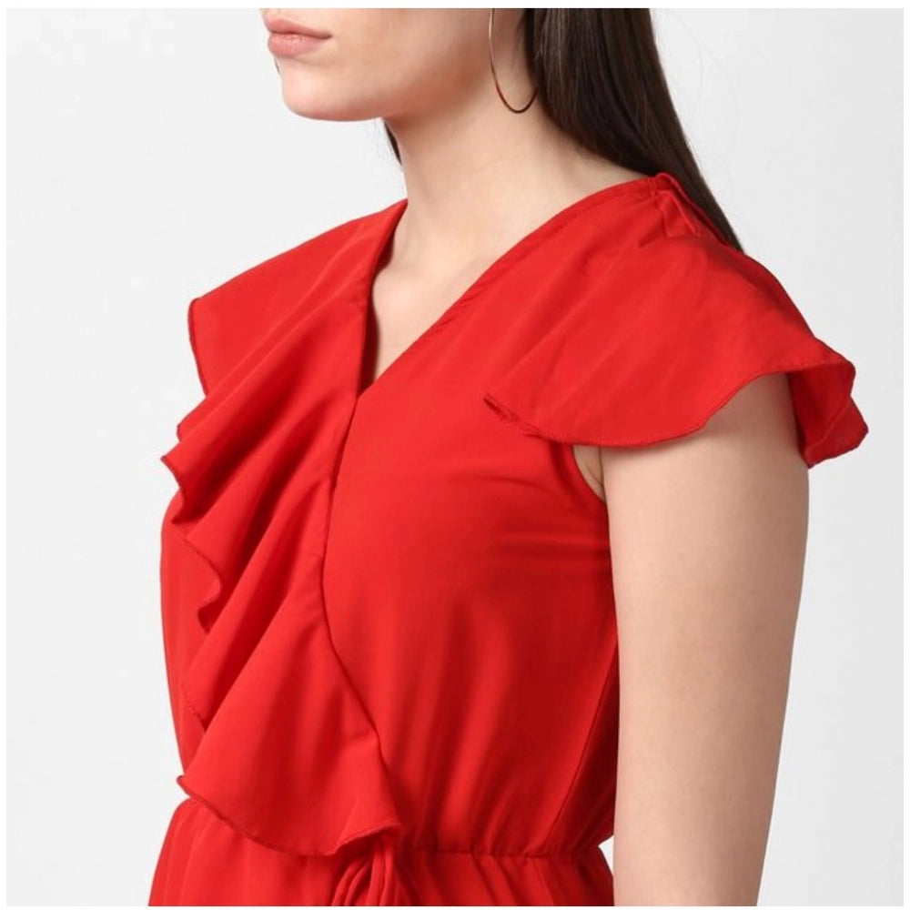 Seduva Women's Polyester Ruffled Cap Sleeve Knee-Length Dress (Red)