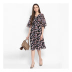 Seduva Women's Polyester Floral Short Sleeve Knee-Length Dress (Black - Multicolor)