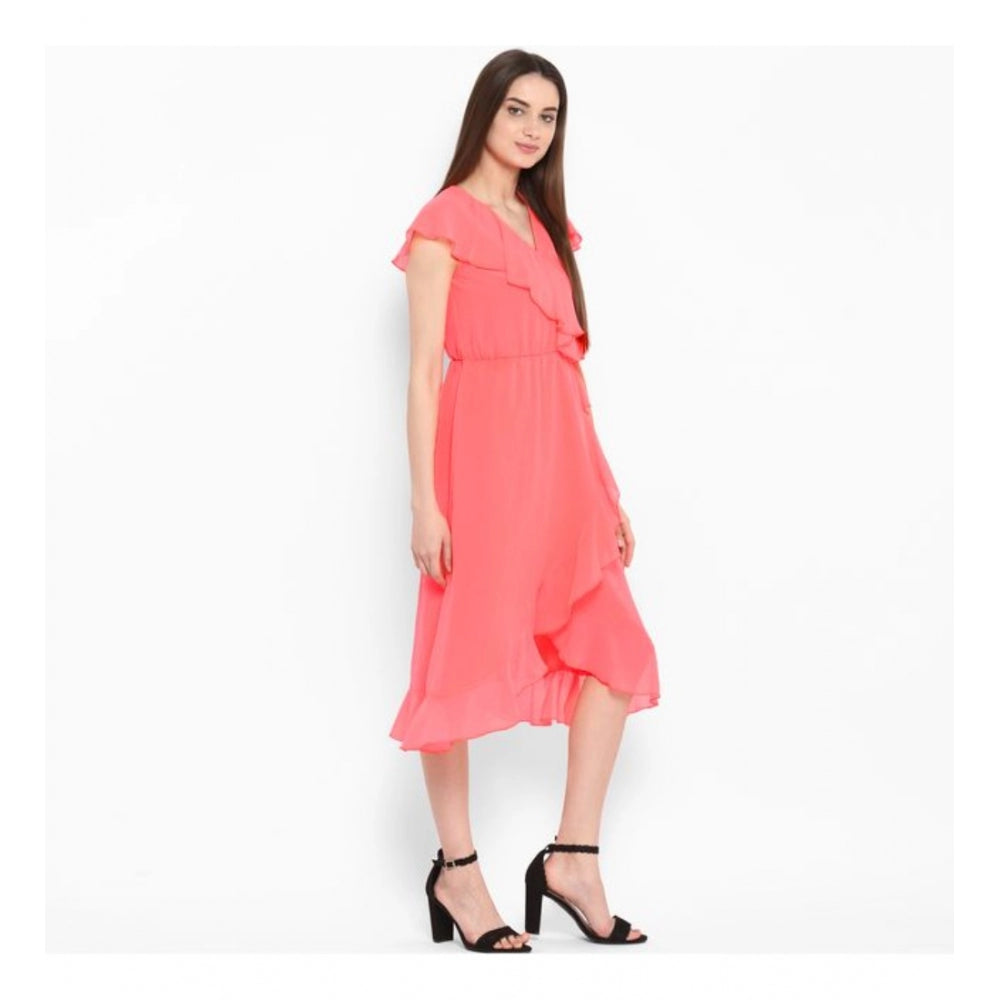 Seduva Women's Polyester Ruffled Cap Sleeve Below Knee Dress (Coral Pink)