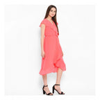 Seduva Women's Polyester Ruffled Cap Sleeve Below Knee Dress (Coral Pink)