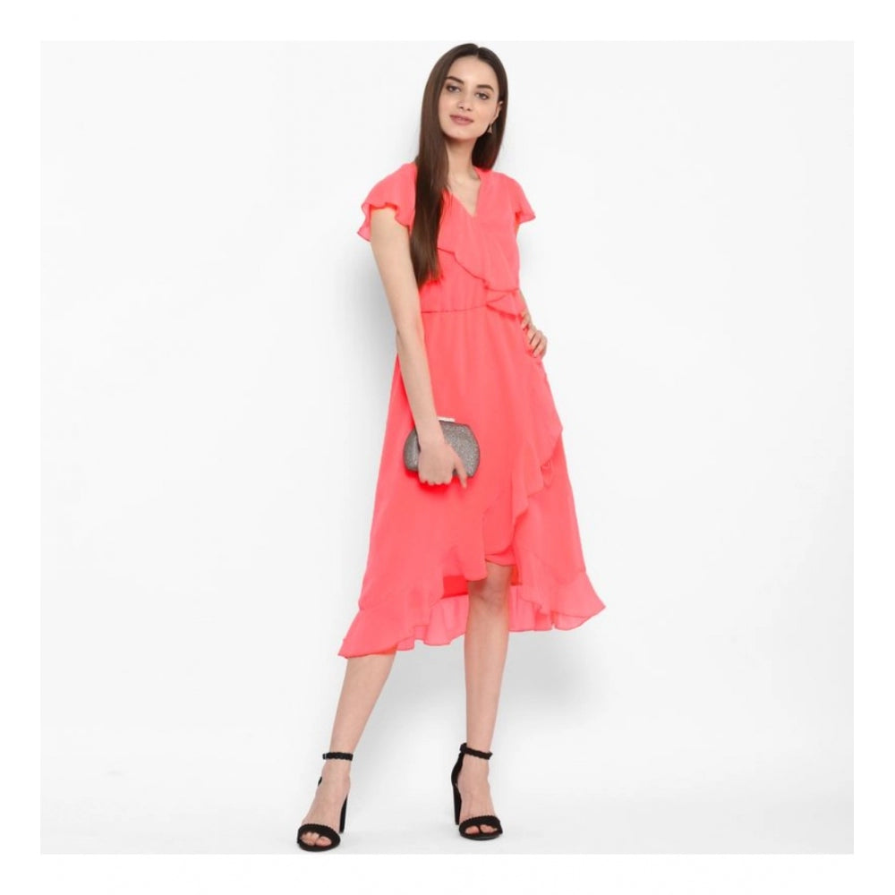 Seduva Women's Polyester Ruffled Cap Sleeve Below Knee Dress (Coral Pink)