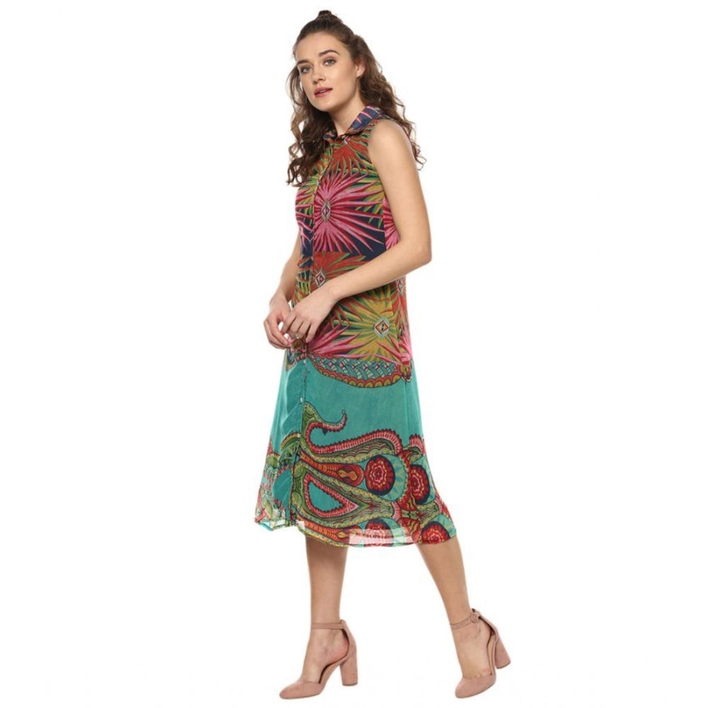 Seduva Women's Polyester Floral Sleeveless Below Knee Dress (Multicolor)