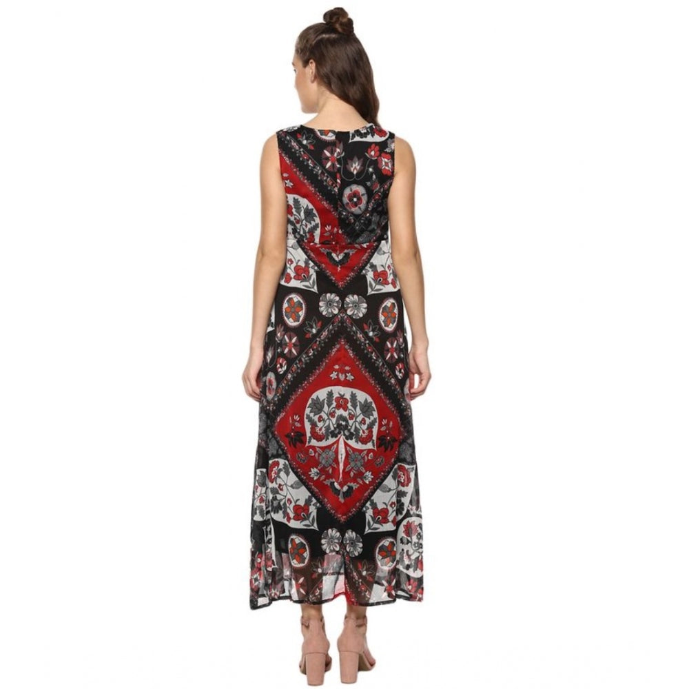 Seduva Women's Polyester Printed Sleeveless Dress (Red - Black)