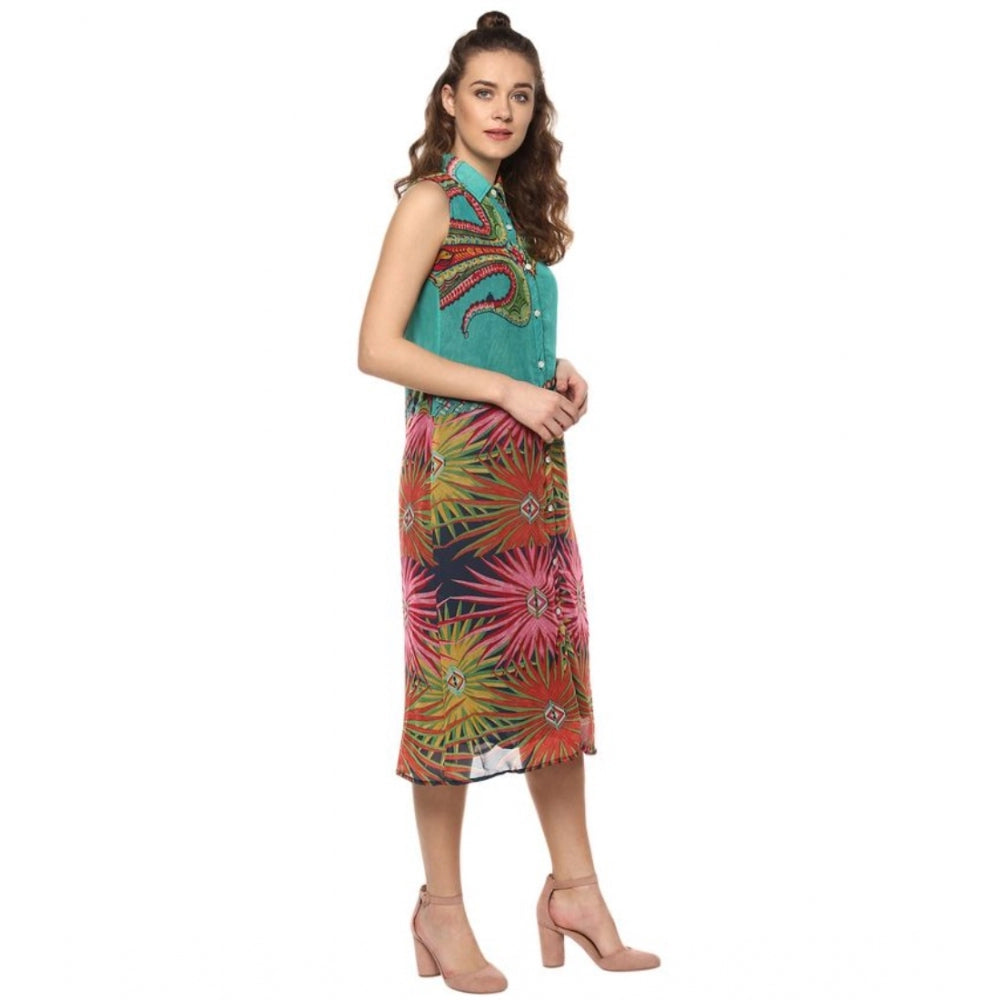 Seduva Women's Polyester Floral Sleeveless Below Knee Dress (Multicolor)