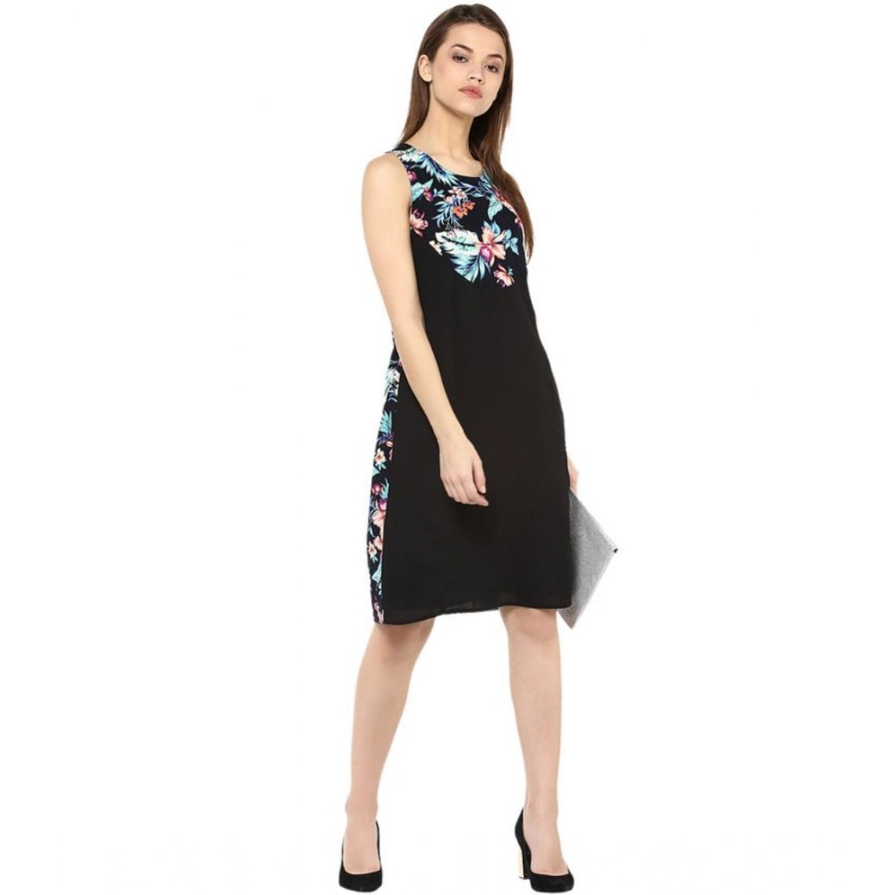 Seduva Women's Polyester Printed Sleeveless Above Knee Dress (Black - Multicolor)