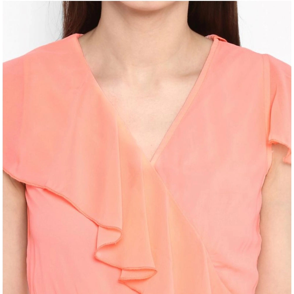 Seduva Women's Polyester Ruffled Cap Sleeve Below Knee Dress (Neon Pink)