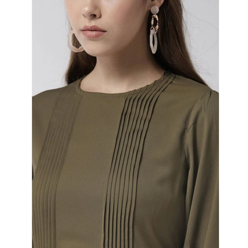 Seduva Women's Polyester Pintuck Long Sleeves Below Knee Dress (Olive)