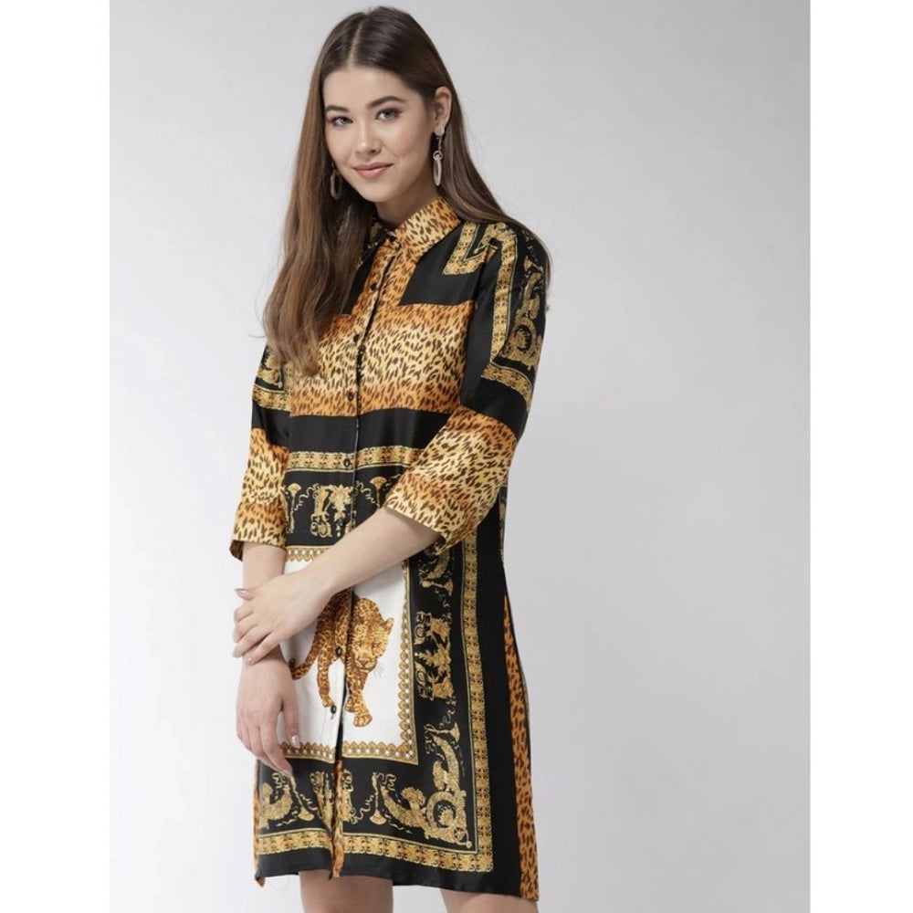 Seduva Women's Satin Animal Print 3-4th Sleeves Above Knee Dress (White - Orange)