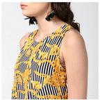 Seduva Women's Polyester Chain Print Sleeveless Below Knee Dress (Yellow - Black)
