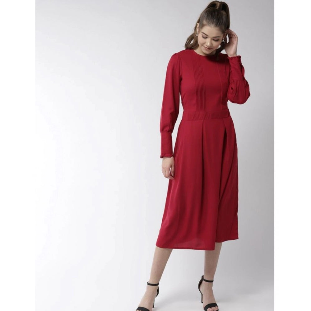 Seduva Women's Polyester Pintuck Long Sleeves Below Knee Dress (Red)