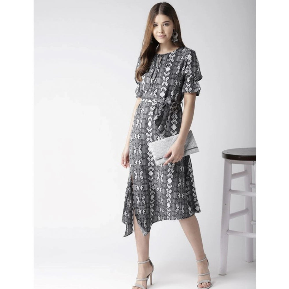Seduva Women's Polyester Animal Print Short Sleeve Knee-Length Dress (Black - White)
