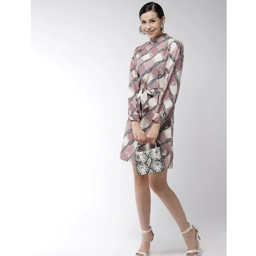 Seduva Women's Polyester Checkered Long Sleeves Above Knee Dress (Off White - Lavender)