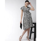 Seduva Women's Polyester Animal Print Short Sleeve Knee-Length Dress (Black - White)