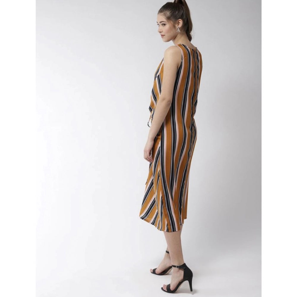Seduva Women's Polyester Striped Sleeveless Below Knee Dress (Mustard)