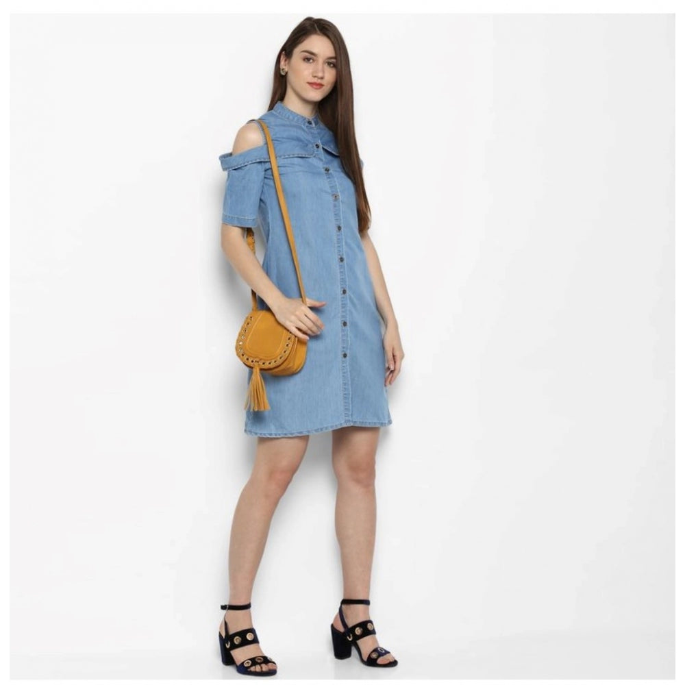 Seduva Women's Denim Solid Cold Shoulder Above Knee Dress (Blue)