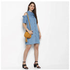 Seduva Women's Denim Solid Cold Shoulder Above Knee Dress (Blue)