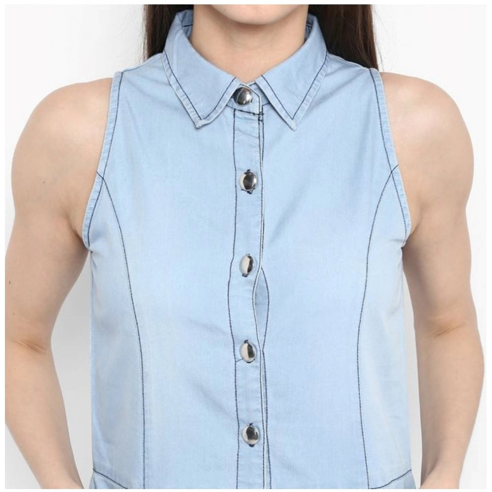 Seduva Women's Denim Solid Sleeveless Below Knee Dress (Blue)