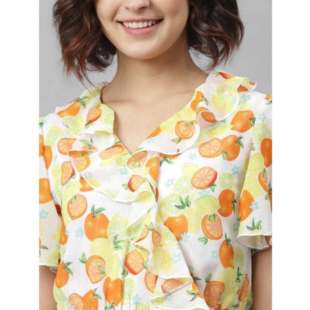 Seduva Women's Polyester Printed Flutter Above Knee Dress (Yellow - Orange)