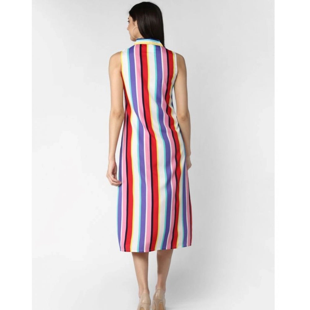 Seduva Women's Polyester Striped Sleeveless Calf-length Dress (Multicolor)