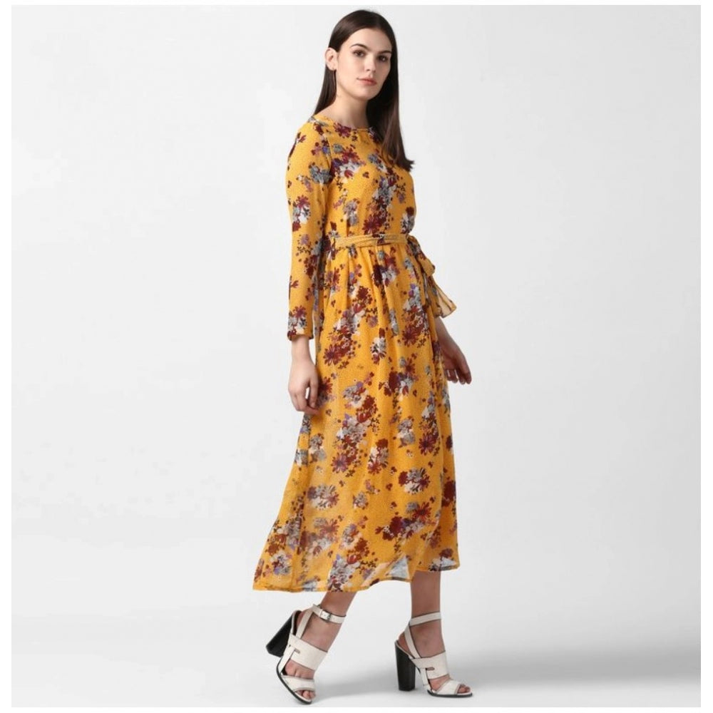Seduva Women's Polyester Floral Long Sleeves Calf-length Dress (Yellow)