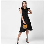 Seduva Women's Polyester Ruffled Cap Sleeve Knee-Length Dress (Black)