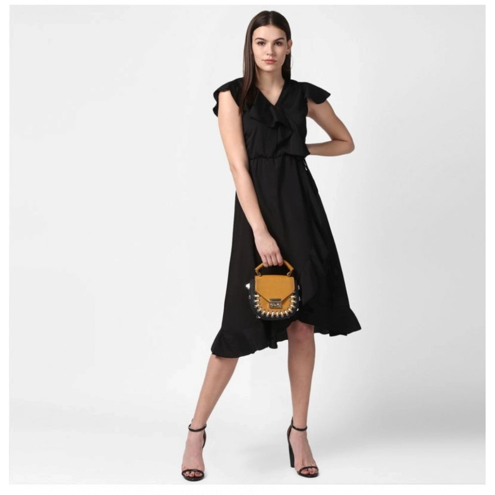 Seduva Women's Polyester Ruffled Cap Sleeve Knee-Length Dress (Black)