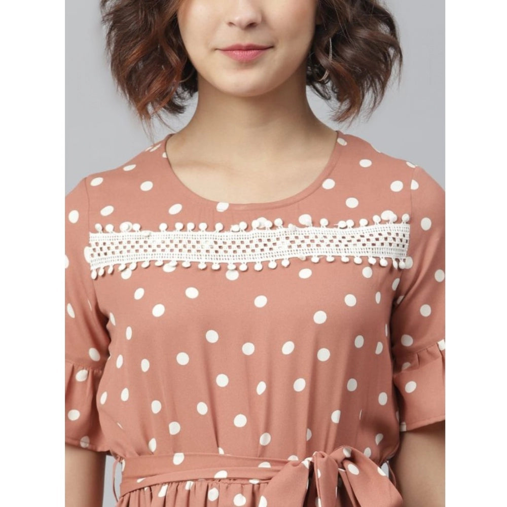 Seduva Women's Polyester Polka Bell Sleeve Above Knee Dress (Brown)
