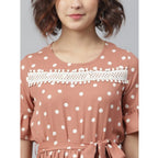 Seduva Women's Polyester Polka Bell Sleeve Above Knee Dress (Brown)