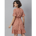 Seduva Women's Polyester Polka Bell Sleeve Above Knee Dress (Brown)