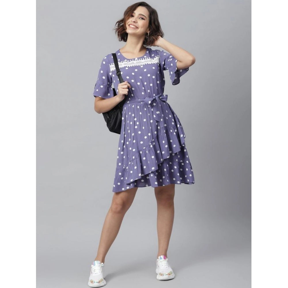 Seduva Women's Polyester Polka Bell Sleeve Above Knee Dress (Lavender)